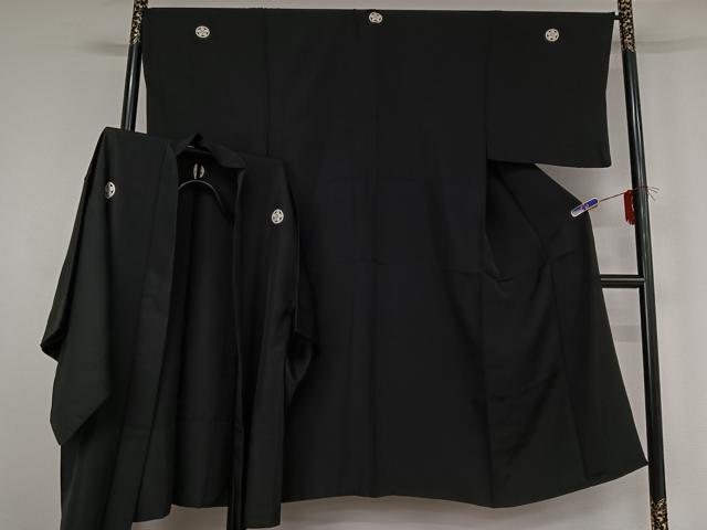 平和屋着物▽男性 黒紋付 単衣 羽織セット 暗黒色 正絹 逸品 AABF9170jh