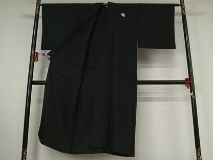 平和屋着物▽男性　黒紋付　単衣　羽織セット　暗黒色　正絹　逸品　AABF9170jh