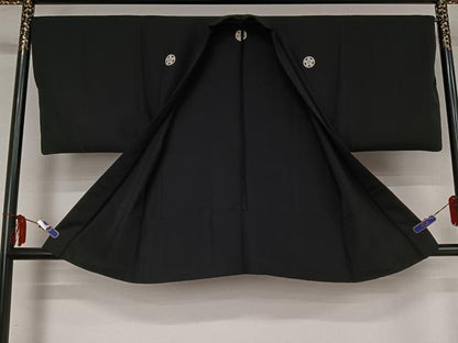 平和屋着物▽男性　黒紋付　単衣　羽織セット　暗黒色　正絹　逸品　AABF9170jh