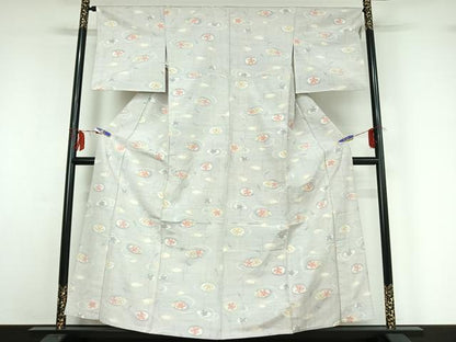 平和屋着物▽上質な紬 単衣 流水花文 正絹 逸品 AABF9171jh