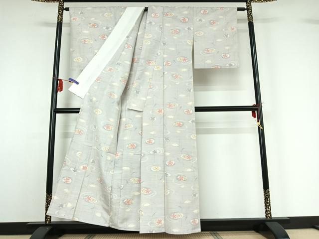 平和屋着物▽上質な紬 単衣 流水花文 正絹 逸品 AABF9171jh