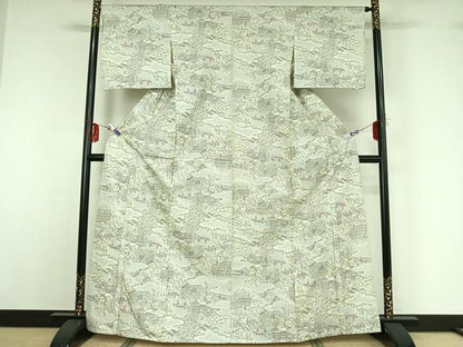 平和屋着物▽上質な紬 単衣 人物風景花文 正絹 逸品 AABF9172jh