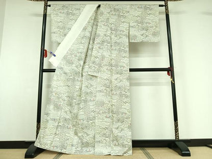 平和屋着物▽上質な紬 単衣 人物風景花文 正絹 逸品 AABF9172jh