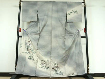 平和屋着物▽訪問着 単衣 紬地 手描き 花籬文 暈し染め 金彩 正絹 逸品 AABF9175jh