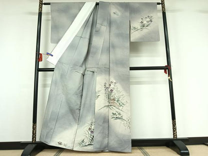 平和屋着物▽訪問着 単衣 紬地 手描き 花籬文 暈し染め 金彩 正絹 逸品 AABF9175jh