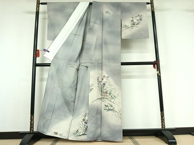 平和屋着物▽訪問着 単衣 紬地 手描き 花籬文 暈し染め 金彩 正絹 逸品 AABF9175jh