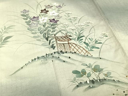 平和屋着物▽訪問着 単衣 紬地 手描き 花籬文 暈し染め 金彩 正絹 逸品 AABF9175jh
