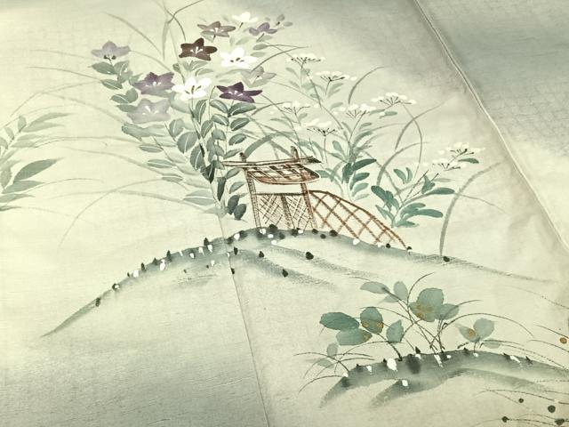 平和屋着物▽訪問着 単衣 紬地 手描き 花籬文 暈し染め 金彩 正絹 逸品 AABF9175jh