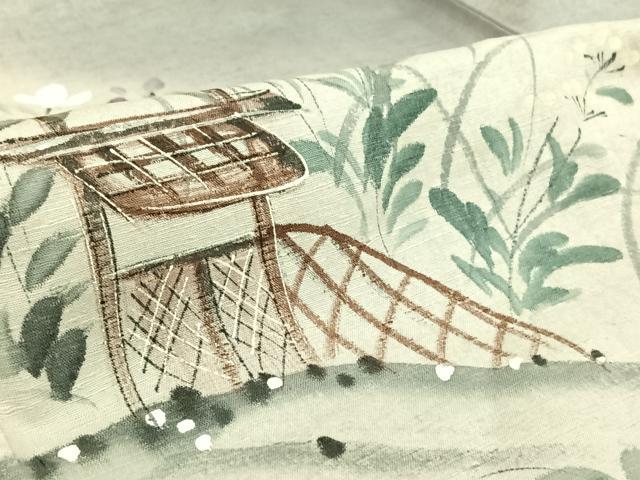 平和屋着物▽訪問着 単衣 紬地 手描き 花籬文 暈し染め 金彩 正絹 逸品 AABF9175jh