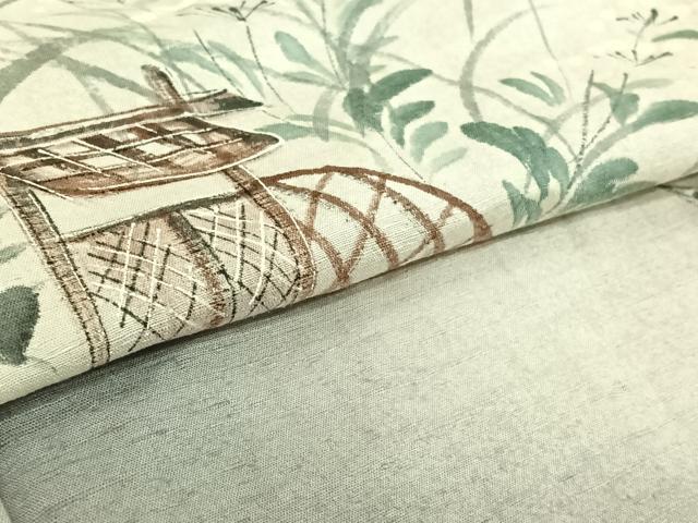 平和屋着物▽訪問着 単衣 紬地 手描き 花籬文 暈し染め 金彩 正絹 逸品 AABF9175jh