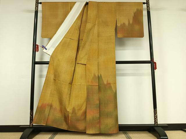 平和屋着物▽訪問着　単衣　紬地　霞文　暈し染め　正絹　逸品　AABF9176jh