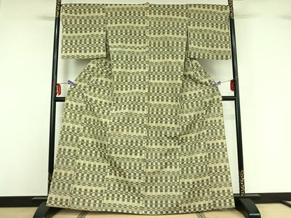 平和屋着物▽上質な紬　単衣　横段文　正絹　逸品　AABF9177jh