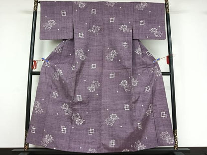 平和屋着物▽上質な紬 単衣 草花文 正絹 逸品 AABF9179jh
