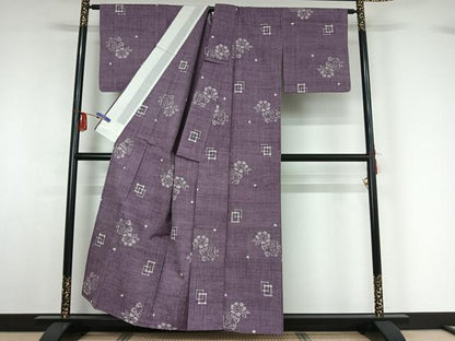 平和屋着物▽上質な紬 単衣 草花文 正絹 逸品 AABF9179jh