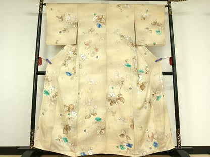 平和屋着物▽上質な小紋 単衣 手描き 枝花文 正絹 逸品 AABF9180jh