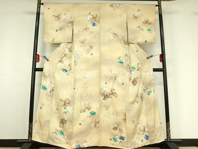 平和屋着物▽上質な小紋 単衣 手描き 枝花文 正絹 逸品 AABF9180jh
