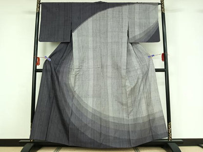 平和屋着物▽訪問着 単衣 紬地 縞 正絹 逸品 AABF9183jh