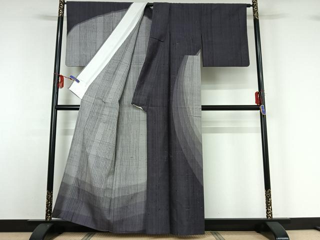 平和屋着物▽訪問着 単衣 紬地 縞 正絹 逸品 AABF9183jh