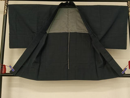 平和屋着物▽男性 紬 単衣 濃藍色 アンサンブル 正絹 逸品 AABF9184jh