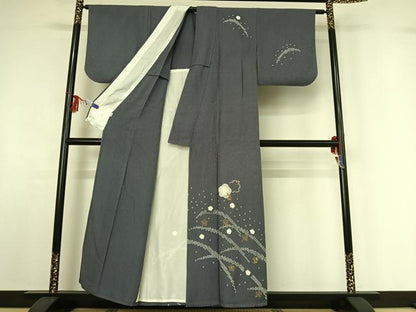 平和屋着物▽訪問着 単衣 絞り 刺繍 芝花文 正絹 逸品 AABF9191jh