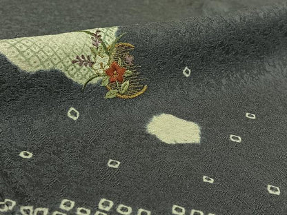平和屋着物▽訪問着 単衣 絞り 刺繍 芝花文 正絹 逸品 AABF9191jh
