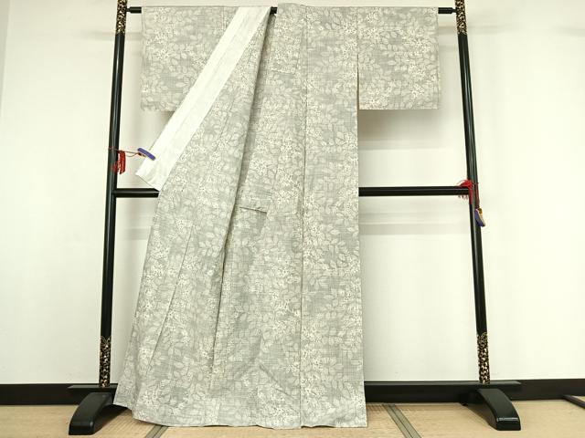 平和屋着物▽上質な紬 単衣 草花文 正絹 逸品 AABF9195jh