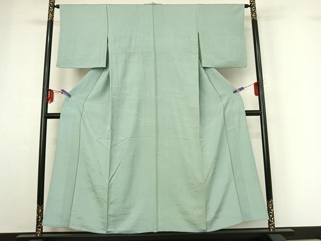 平和屋着物▽上質な色無地　単衣　流水地紋　錆青磁色　小田急百貨店扱い　正絹　逸品　AABF9209jh