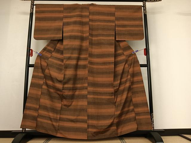 平和屋着物▽上質な紬　単衣　横段文　正絹　逸品　AABF9211jh