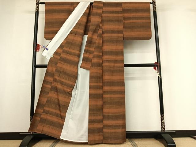 平和屋着物▽上質な紬　単衣　横段文　正絹　逸品　AABF9211jh