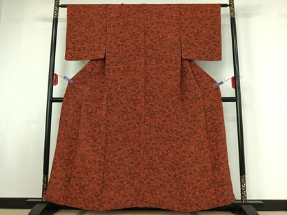 平和屋着物▽上質な小紋　単衣　型染め　草花文　鬼しぼ縮緬　正絹　逸品　AABF9212jh