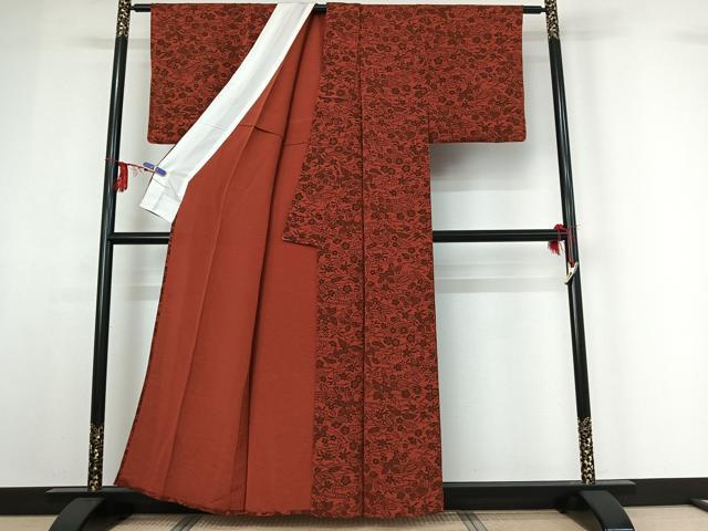 平和屋着物▽上質な小紋　単衣　型染め　草花文　鬼しぼ縮緬　正絹　逸品　AABF9212jh
