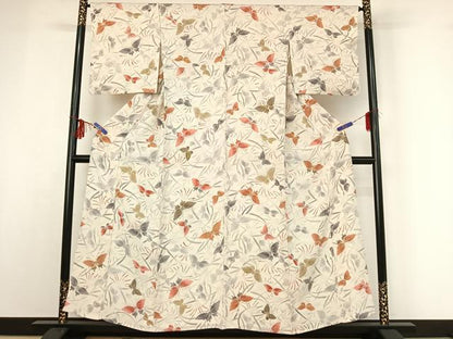 平和屋着物▽上質な小紋 単衣 型染め 花蝶文 暈し染め 金彩 鬼しぼ縮緬 正絹 逸品 AABF9213jh