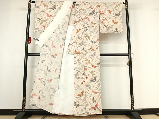平和屋着物▽上質な小紋 単衣 型染め 花蝶文 暈し染め 金彩 鬼しぼ縮緬 正絹 逸品 AABF9213jh