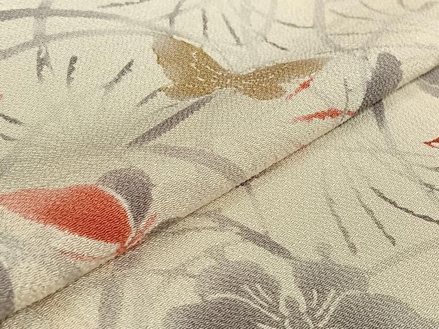 平和屋着物▽上質な小紋 単衣 型染め 花蝶文 暈し染め 金彩 鬼しぼ縮緬 正絹 逸品 AABF9213jh