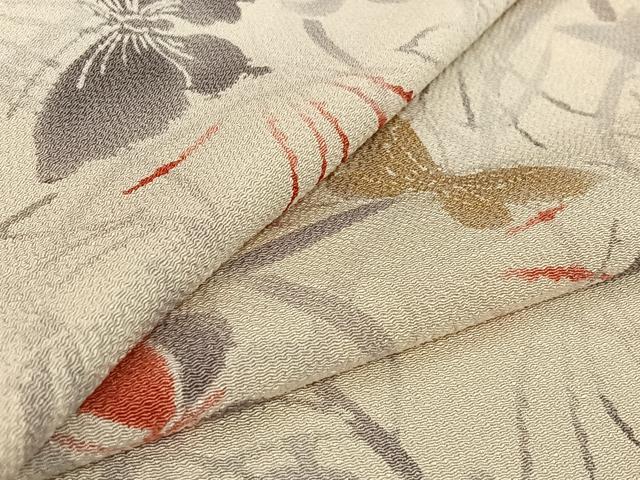平和屋着物▽上質な小紋 単衣 型染め 花蝶文 暈し染め 金彩 鬼しぼ縮緬 正絹 逸品 AABF9213jh