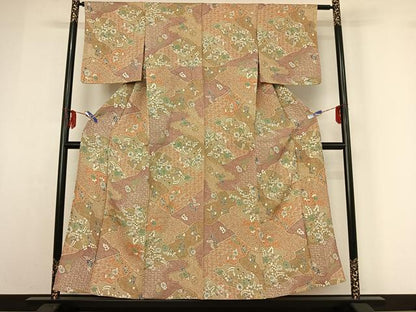平和屋着物▽上質な小紋 単衣 辻が花 金彩 鬼しぼ縮緬 正絹 逸品 AABF9214jh