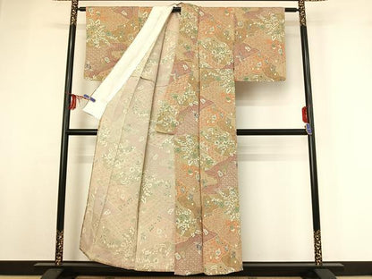 平和屋着物▽上質な小紋 単衣 辻が花 金彩 鬼しぼ縮緬 正絹 逸品 AABF9214jh