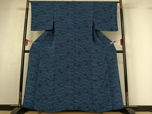 平和屋着物▽上質な小紋 単衣 藍 型染め 草花文 鬼しぼ縮緬 正絹 逸品 AABF9215jh