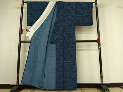 平和屋着物▽上質な小紋 単衣 藍 型染め 草花文 鬼しぼ縮緬 正絹 逸品 AABF9215jh