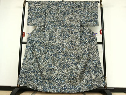 平和屋着物▽上質な小紋 単衣 藍 型染め 草花文 正絹 逸品 AABF9217jh