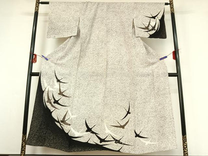 平和屋着物▽訪問着　単衣　飛鶴文　たたき染め　金彩　正絹　逸品　AABF9219jh