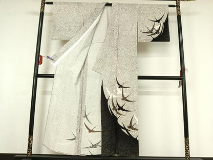 平和屋着物▽訪問着　単衣　飛鶴文　たたき染め　金彩　正絹　逸品　AABF9219jh