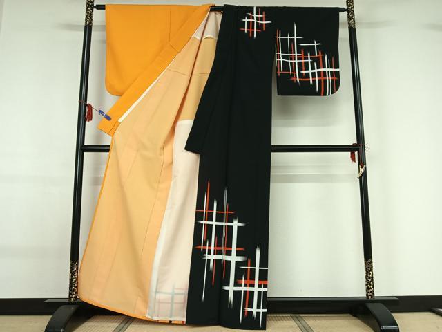平和屋着物▽訪問着　単衣　片身替わり　格子　洗える着物　AABF9230jh
