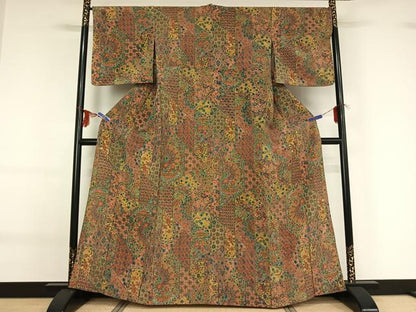 平和屋着物▽上質な小紋 単衣 切嵌更紗花文 正絹 逸品 AABF9231jh