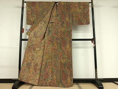 平和屋着物▽上質な小紋 単衣 切嵌更紗花文 正絹 逸品 AABF9231jh