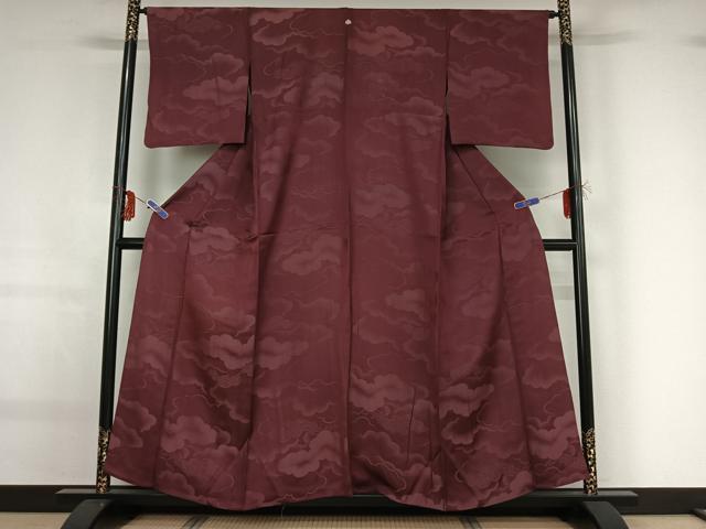 平和屋着物▽上質な小紋　単衣　雲取り吉祥文　暗紅色　正絹　逸品　AABF9232jh