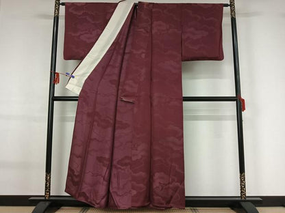 平和屋着物▽上質な小紋　単衣　雲取り吉祥文　暗紅色　正絹　逸品　AABF9232jh