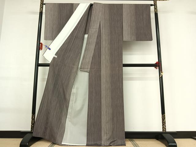 平和屋着物▽お召 本塩物語 単衣 縞 反端付き 正絹 逸品 未使用 AABF9234jh