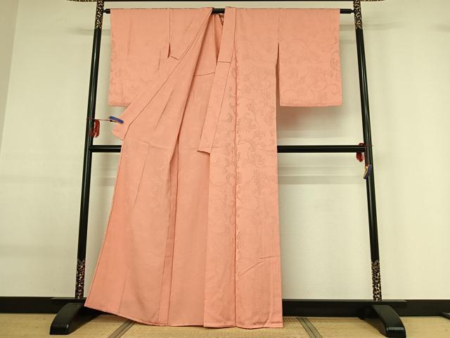 平和屋着物▽上質な色無地 単衣 花唐草地紋 珊瑚色 正絹 逸品 AABF9236jh