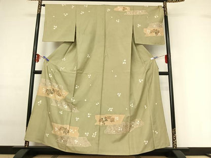 平和屋着物▽訪問着 単衣 紬地 絞り 横段花文 金彩 正絹 逸品 AABF9240jh